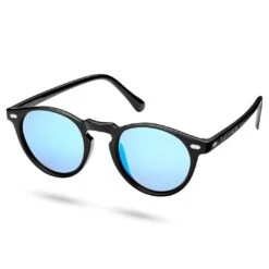 Sidegren Lunettes De Soleil Noires Rétro & Rondes à Verres Polarisés Bleu Miroir