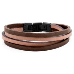 Lucleon Bracelet Roy à Double Tour En Cuir Clair Bicolore Avec Fermoir Noir