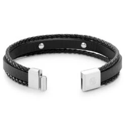 Lucleon Nomen | Bracelet Triple En Cuir Bolo Noir Avec Plaque D'identité En Métal Argenté -Bijouterie Soldes Boutique 15 3imme