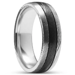 Lucleon Fortis | Bague En Acier Damas Et Titane De Couleur Noire à Double Liseré Argenté - 7 Mm