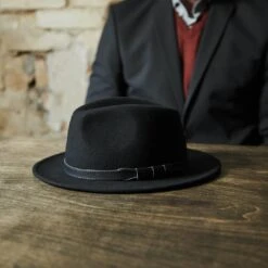Fawler Chapeau Fedora Flavio En Laine Noire à Bord Plat -Bijouterie Soldes Boutique 17965