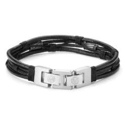 Lucleon Bracelet En Cordons De Cuir Noir Et Acier Argenté Icon