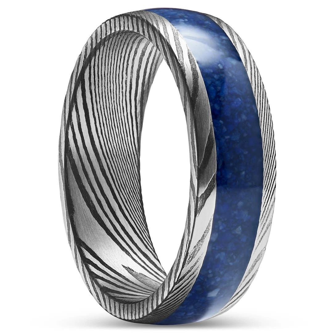Lucleon Fortis | Bague En Acier Damas Gris Gunmetal Et Argent Avec Incrustation En Lapis-lazuli - 7 Mm 3 Lucleon Fortis | Bague En Acier Damas Gris Gunmetal Et Argent Avec Incrustation En Lapis-lazuli - 7 Mm