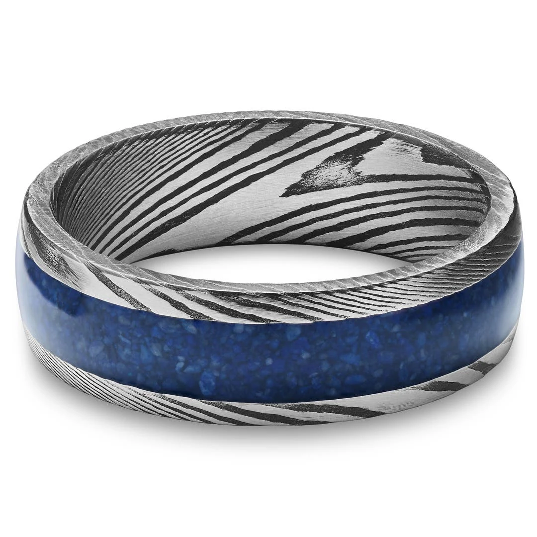 Lucleon Fortis | Bague En Acier Damas Gris Gunmetal Et Argent Avec Incrustation En Lapis-lazuli - 7 Mm 7 Lucleon Fortis | Bague En Acier Damas Gris Gunmetal Et Argent Avec Incrustation En Lapis-lazuli - 7 Mm – Image 5