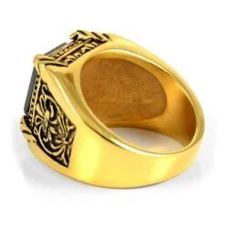 SteelCZ Chevalière En Acier Doré à Pierre Noire -Bijouterie Soldes Boutique 3 2 3 3