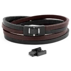 Lucleon Bracelet Roy à Double Tour En Cuir Foncé Bicolore Avec Fermoir Noir -Bijouterie Soldes Boutique 9 4 90
