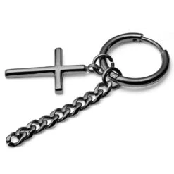 Lucleon Boucle D'oreille En Acier Noir Avec Pendentifs Croix Et Chaîne -Bijouterie Soldes Boutique black steel drop hoop earring with cross chain charms 2