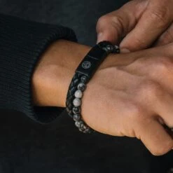 Lucleon Bracelet Icon En Cuir Et En Perles De Pierre Grises -Bijouterie Soldes Boutique dsc5960dada