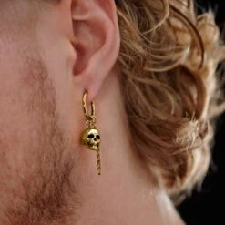 Lucleon Boucle D'oreille En Acier Doré Avec Pendentif Tête De Mort Et Chaîne -Bijouterie Soldes Boutique rel megashoot 3 earrings 22218 tobiasst 2 copy