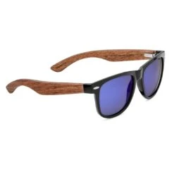 Waykins Lunettes De Soleil Rétro Noires à Verres Polarisés Bleus Et Branches En Bois -Bijouterie Soldes Boutique wa31 3